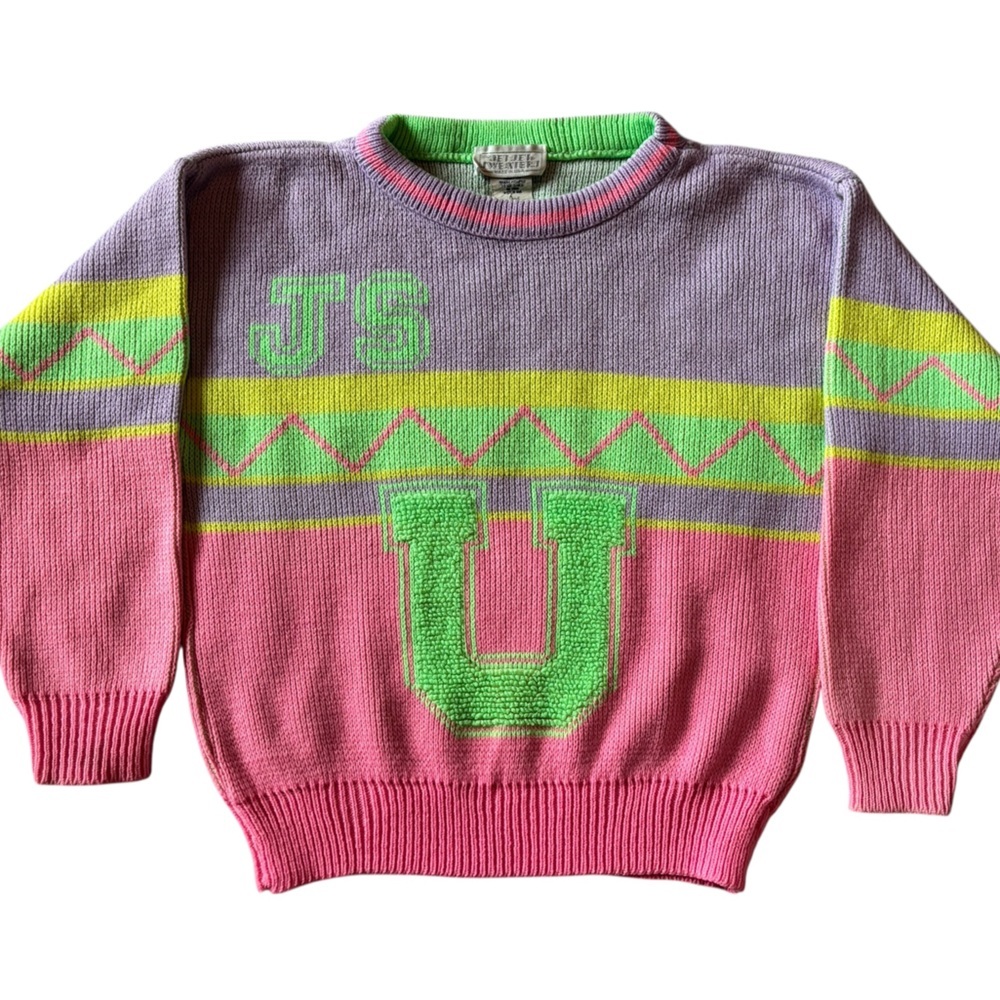 Vintage 80s Neon Colorblock Knit Sweater Pink Purple Green Graphic Small Jet Set